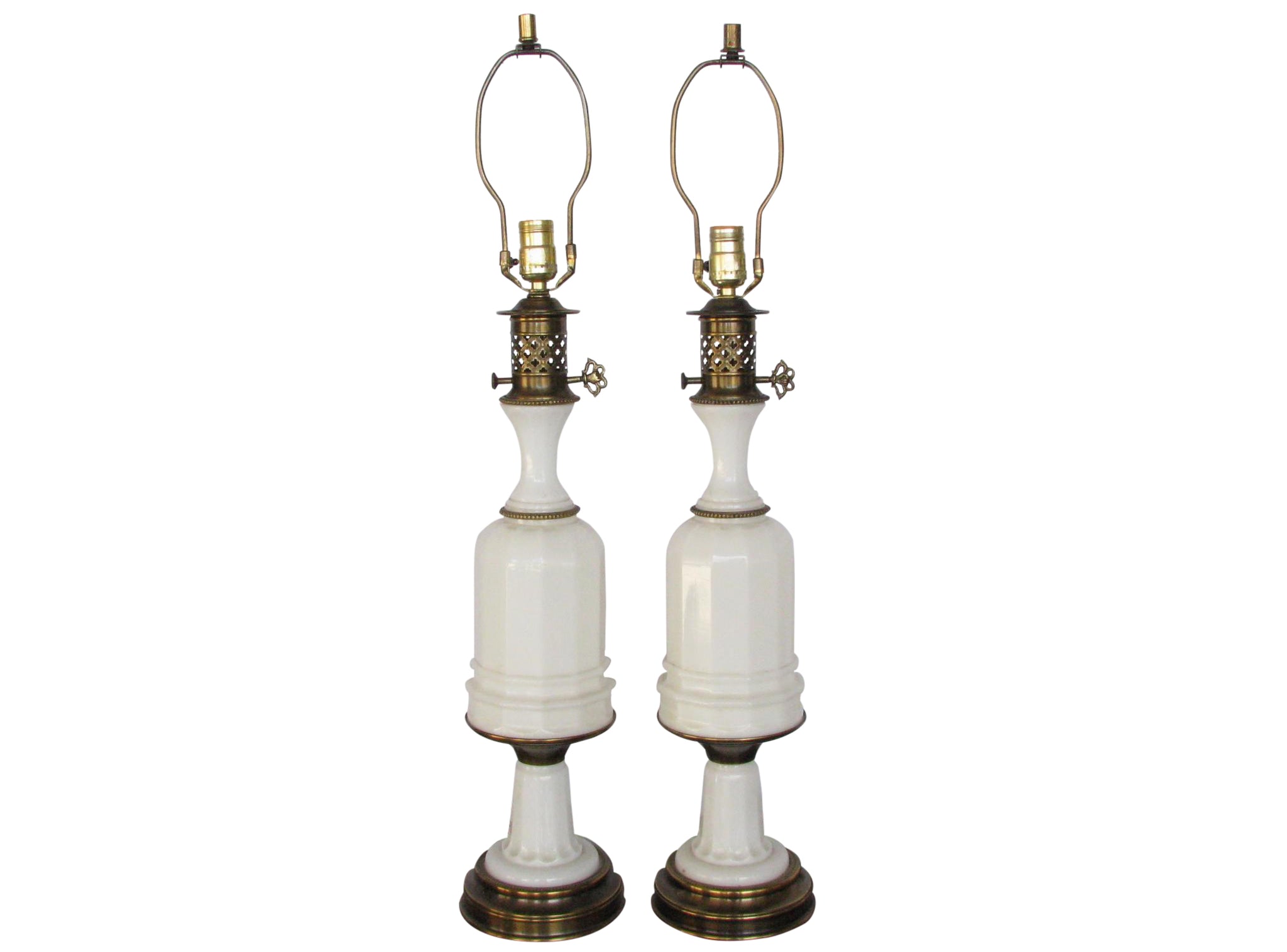 edgebrookhouse - Vintage Paul Hanson White Opaline Glass and Brass Table Lamps - a Pair