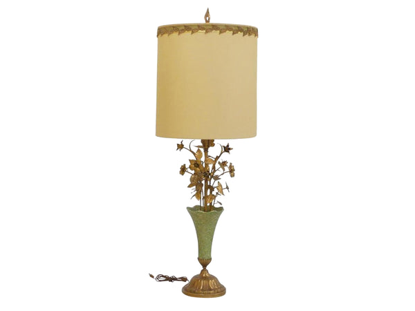 edgebrookhouse - 1960s Italian Gilt Tole and Ceramic Floral Bouquet Center Lamp - Over 4 Feet Tall