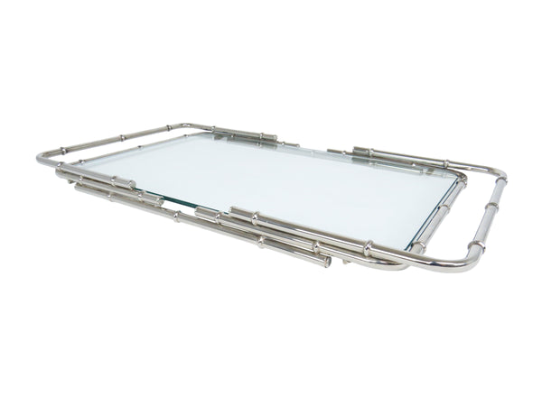 edgebrookhouse - 1970s Polished Nickel Faux Bamboo and Glass Serving Tray in the Manner of Maison Bagues