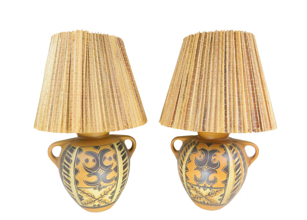 edgebrookhouse - Vintage Large Terracotta Southwestern Style Lamp With Bamboo Shade - a Pair