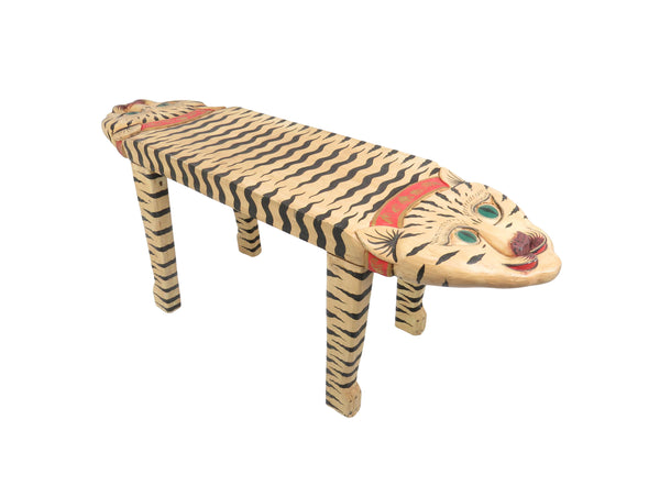 edgebrookhouse - Vintage Hand Carved and Painted Wooden Double Headed Tiger Table / Bench