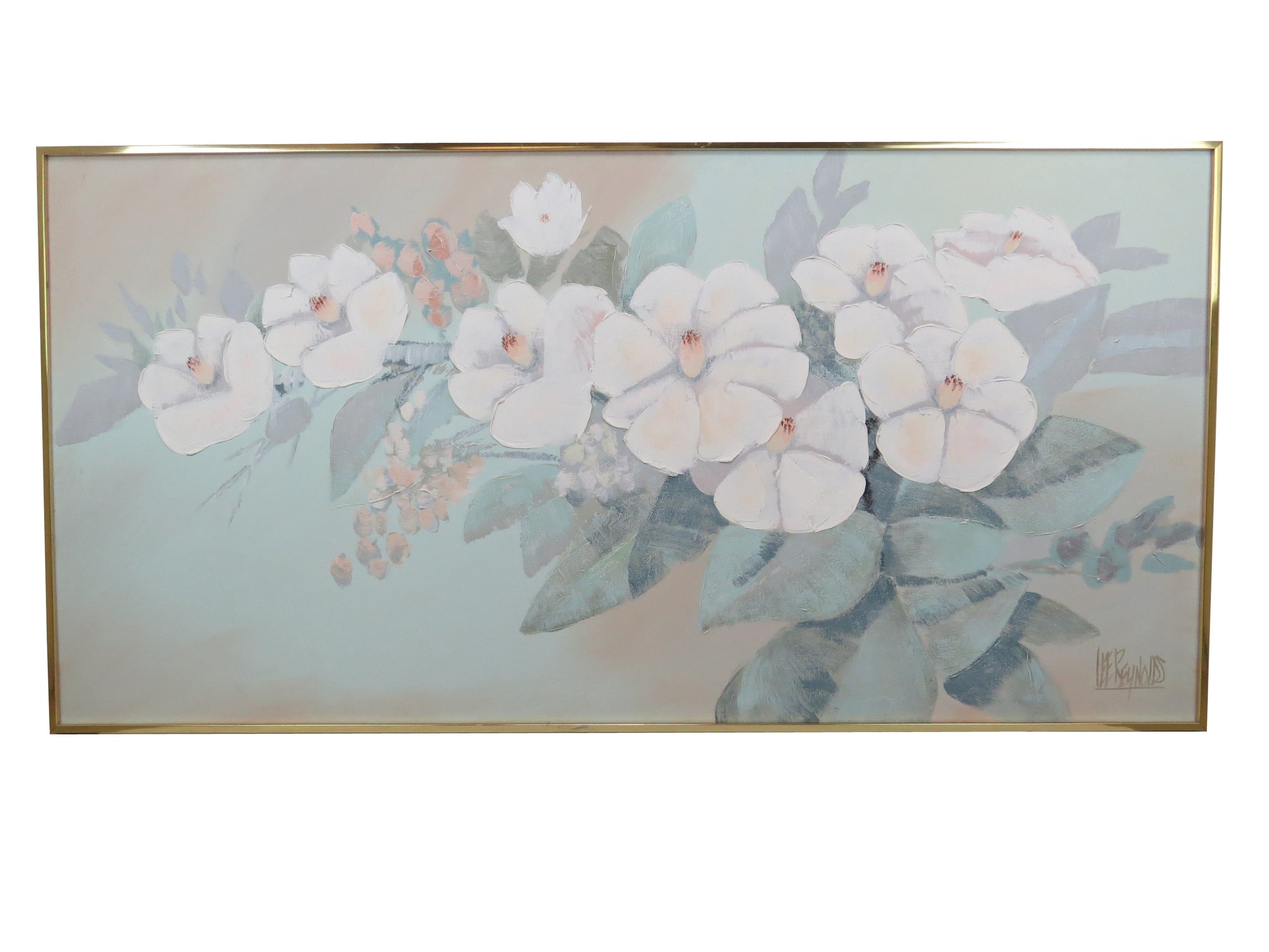 edgebrookhouse - Vintage Large Lee Reynolds White Magnolia Floral Painting in Brushed Brass Frame