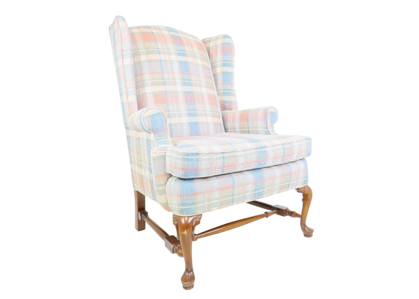 edgebrookhouse - Vintage 1970s Queen Anne Style Wing Chair With Plaid Upholstery
