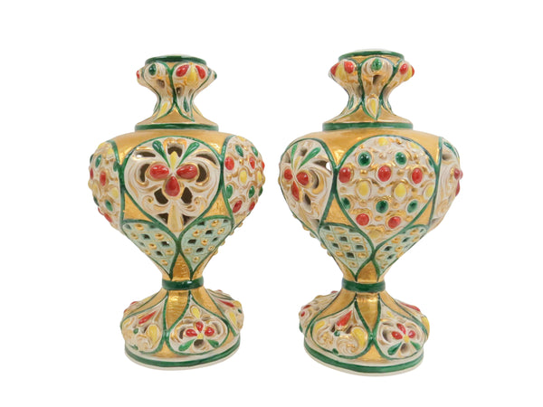 edgebrookhouse - Antique Italian Polychrome and Gilt Embossed Reticulated Majolica Jewel Urns - a Pair
