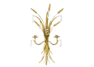 edgebrookhouse - Vintage Italian Gilt Metal Wheat Two Light Candle Wall Sconce with Glass Prisms