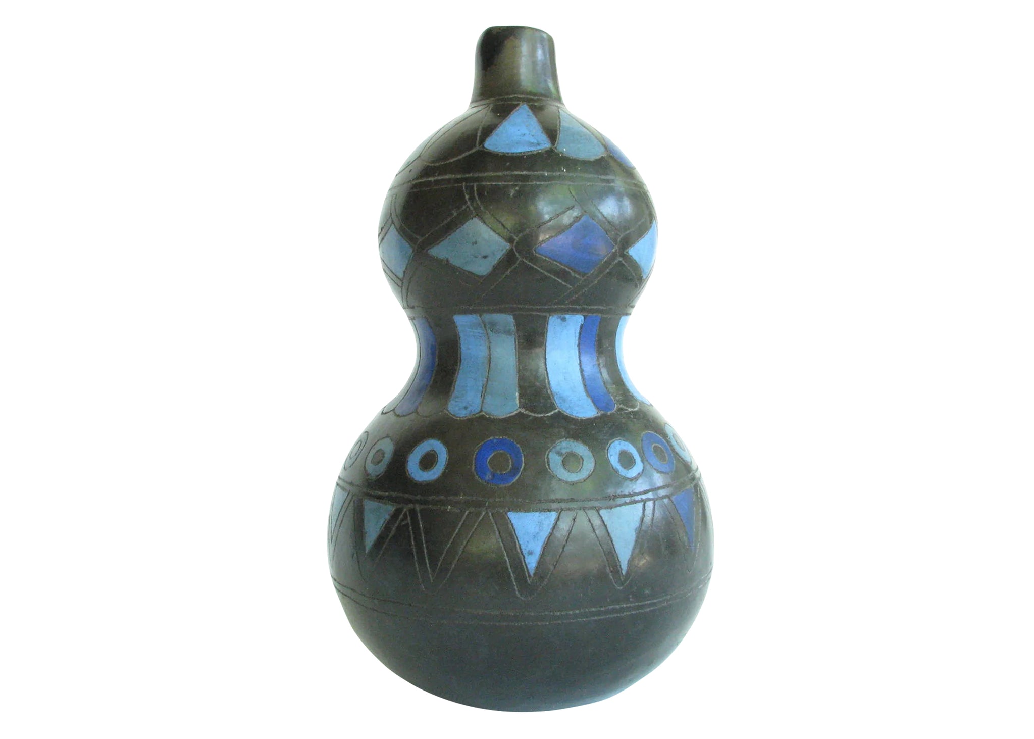 edgebrookhouse - Vintage Mexican Oaxacan black pottery Gourd Vase - Hand decorated in multi shades of blue