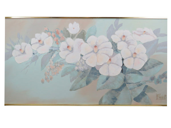 edgebrookhouse - Vintage Large Lee Reynolds White Magnolia Floral Painting in Brushed Brass Frame