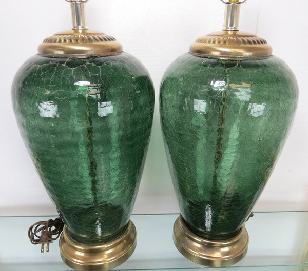 edgebrookhouse - Vintage Light Green Crackle Glass and Brass Table Lamps by Alsy - a Pair