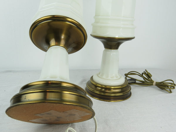 edgebrookhouse - Vintage Paul Hanson White Opaline Glass and Brass Table Lamps - a Pair