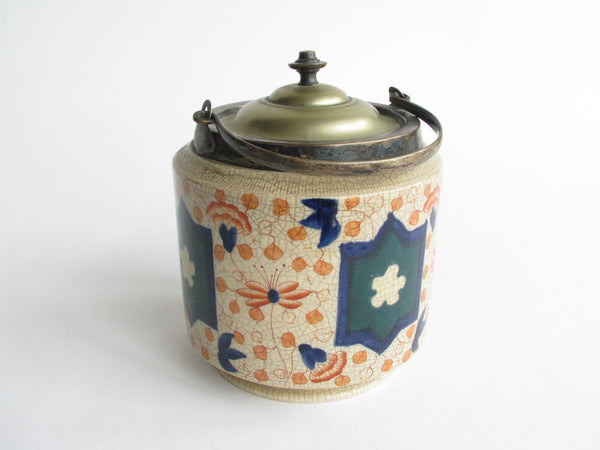 edgebrookhouse - Antique Burslem English Pottery Imari Biscuit Jar with Silver Plate Lid and Details
