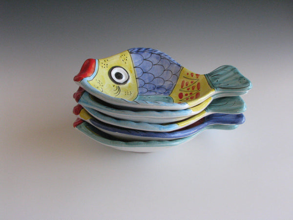 edgebrookhouse - Vintage Italian Vietri Desuir Hand-Painted Ceramic Fish Shaped Dishes - Set of 5