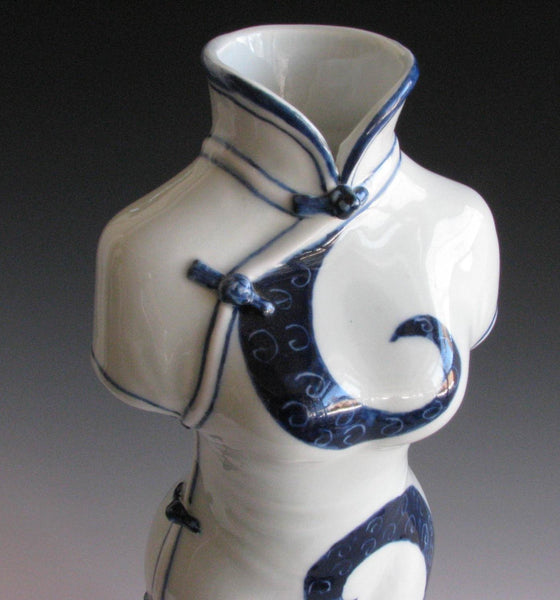 edgebrookhouse - Hand Painted Blue and White Chinese Porcelain Vase with Cheongsam Shape