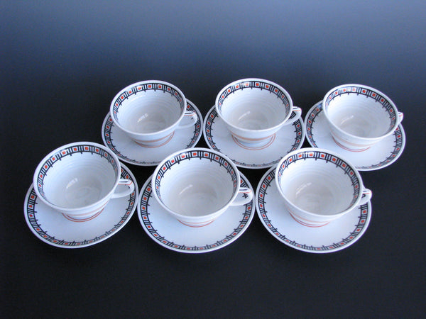 edgebrookhouse - Vintage Hand-Painted Porcelain Cups and Saucers Made in Holland with Geometric Design - Set of 6