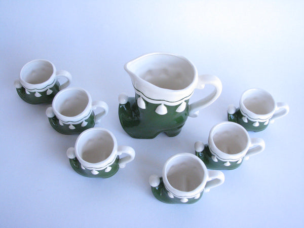 edgebrookhouse - Vintage Ceramic Elf Boot Pitcher and Shot Glass Set - 7 Pieces
