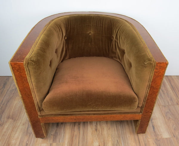 edgebrookhouse - 1930s Vintage French Art Deco Burlwood and Velvet U-Shaped Club Chair