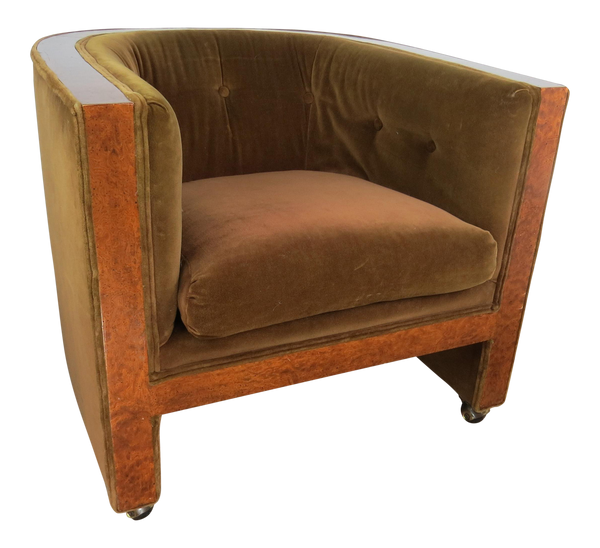 edgebrookhouse - 1930s Vintage French Art Deco Burlwood and Velvet U-Shaped Club Chair