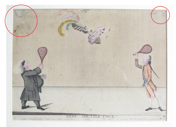 edgebrookhouse - 18th Century Satirical Hand-Colored Print by M. Darly - Miss Shuttle-Cock