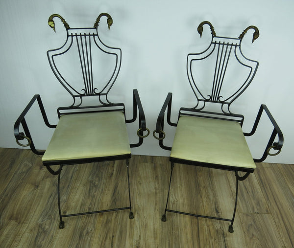 edgebrookhouse - 1930s Vintage Samuel Copelon Neoclassical Iron and Brass Swan Folding Chairs - A Pair