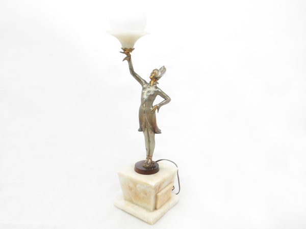 edgebrookhouse - 1930s German Art Deco Spelter Figural Lamp on Alabaster Base With White Frosted Glass Globe
