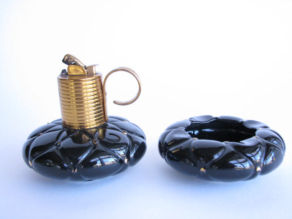 edgebrookhouse - 1940s Evans Black Glass Stacking Smoking Set - Lighter and Ashtray