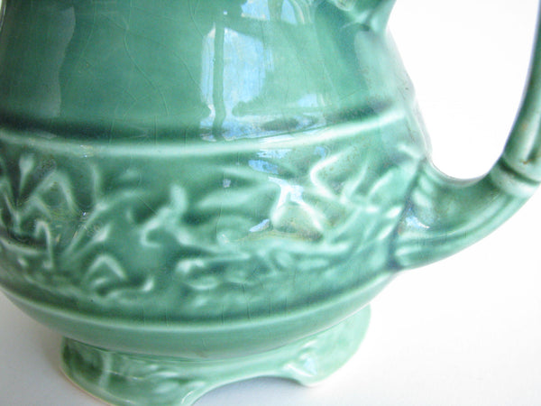 edgebrookhouse - 1940s Green Vogue Mount Clemens Pottery Pitcher with Embossed Pheasant Design