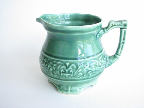 edgebrookhouse - 1940s Green Vogue Mount Clemens Pottery Pitcher with Embossed Pheasant Design