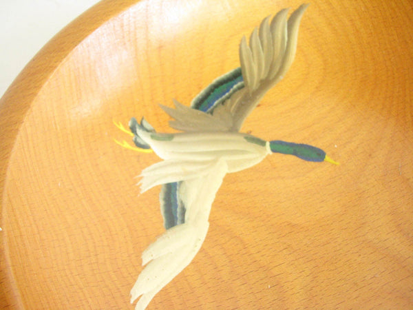 edgebrookhouse - 1940s Maple Munising Wooden Footed Bowl with Handle and Hand-Painted Mallard Duck Design