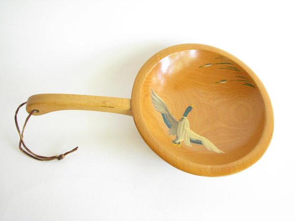 edgebrookhouse - 1940s Maple Munising Wooden Footed Bowl with Handle and Hand-Painted Mallard Duck Design
