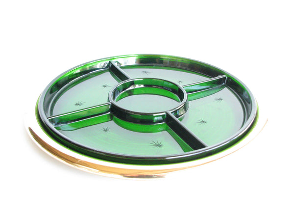 edgebrookhouse - 1940s Paden City Emerald Glo Green Glass and Brass Serving Platter by National Silver Company