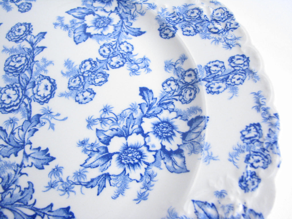 1940s Taylor Smith & Taylor Dogwood Blue Scalloped Dinner Plates Set