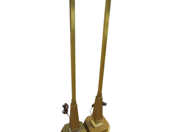 edgebrookhouse - 1940s French Art Deco 2-Tone Brass Lamp Post / Floor Lamp With Reeded Pearlescent Glass Shades - a Pair