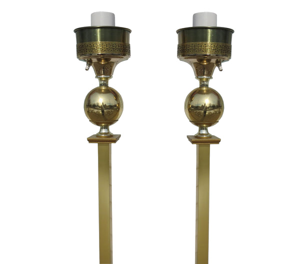 edgebrookhouse - 1940s French Art Deco 2-Tone Brass Lamp Post / Floor Lamp With Reeded Pearlescent Glass Shades - a Pair
