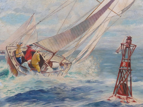 edgebrookhouse - 1950s Nautical Racing Scene Oil on Board Painting Signed B.C. Luck