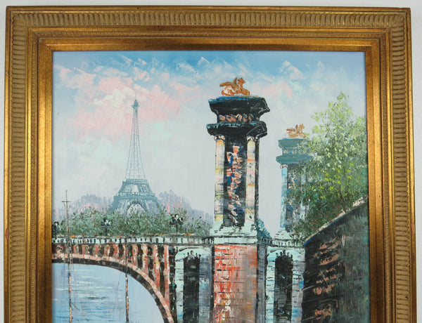 edgebrookhouse - 1950s Mid-Century Caroline Burnett Oil on Canvas Paris Scene Along the Seine River With Eiffel Tower