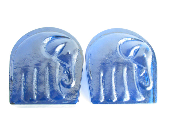 edgebrookhouse - 1960s Blenko Art Glass Blue Elephant Bookends - a Pair