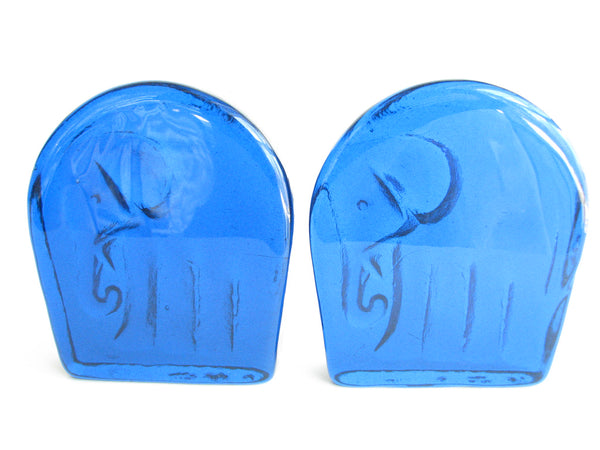 edgebrookhouse - 1960s Blenko Art Glass Blue Elephant Bookends - a Pair