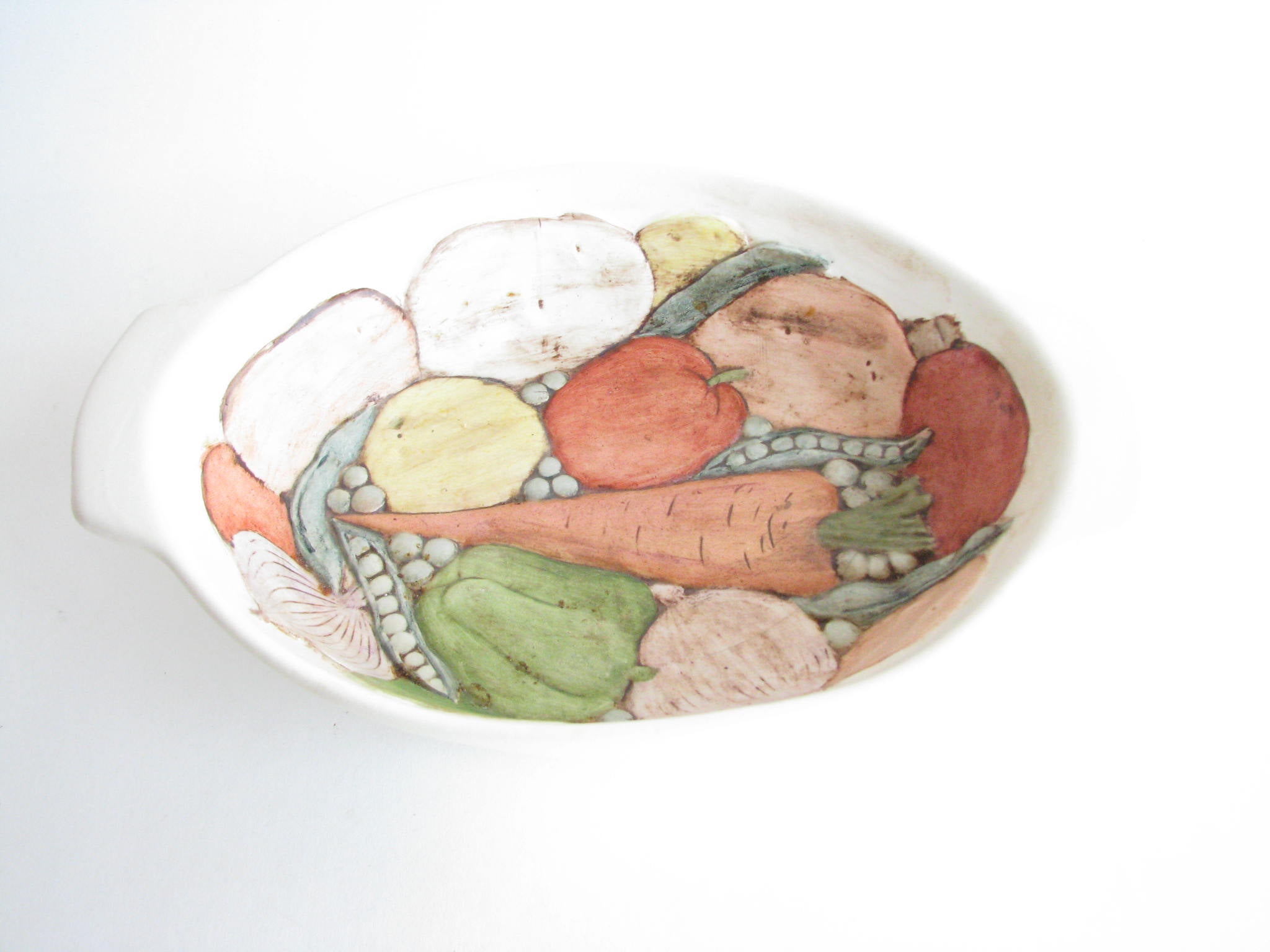 edgebrookhouse - 1960s Handmade Matte Ceramic Serving Bowl with Embossed Vegetables