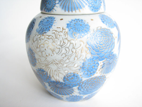 edgebrookhouse - 1960s Kutani Japan Porcelain Lidded Ginger Jar with Blue Gold Chrysanthemum / Floral Design