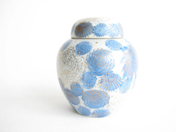 edgebrookhouse - 1960s Kutani Japan Porcelain Lidded Ginger Jar with Blue Gold Chrysanthemum / Floral Design