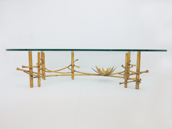 edgebrookhouse - 1960s Silas Seandal Brutalist Coffee Table with Gold Leaf Lotus Base