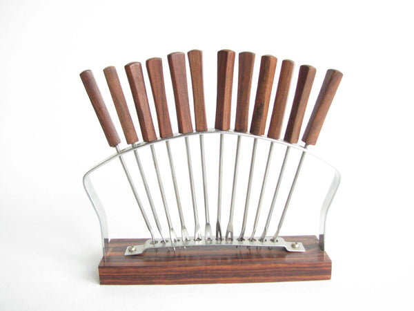 edgebrookhouse - 1960s Stainless Steel Appetizer Picks in Rack with Macassar Ebony Base