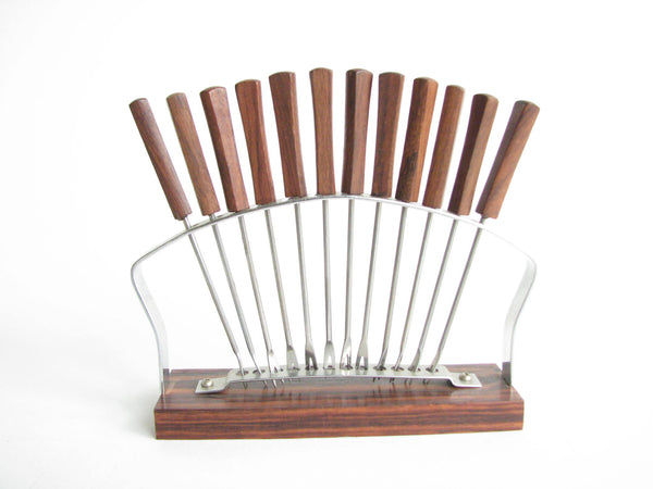 edgebrookhouse - 1960s Stainless Steel Appetizer Picks in Rack with Macassar Ebony Base