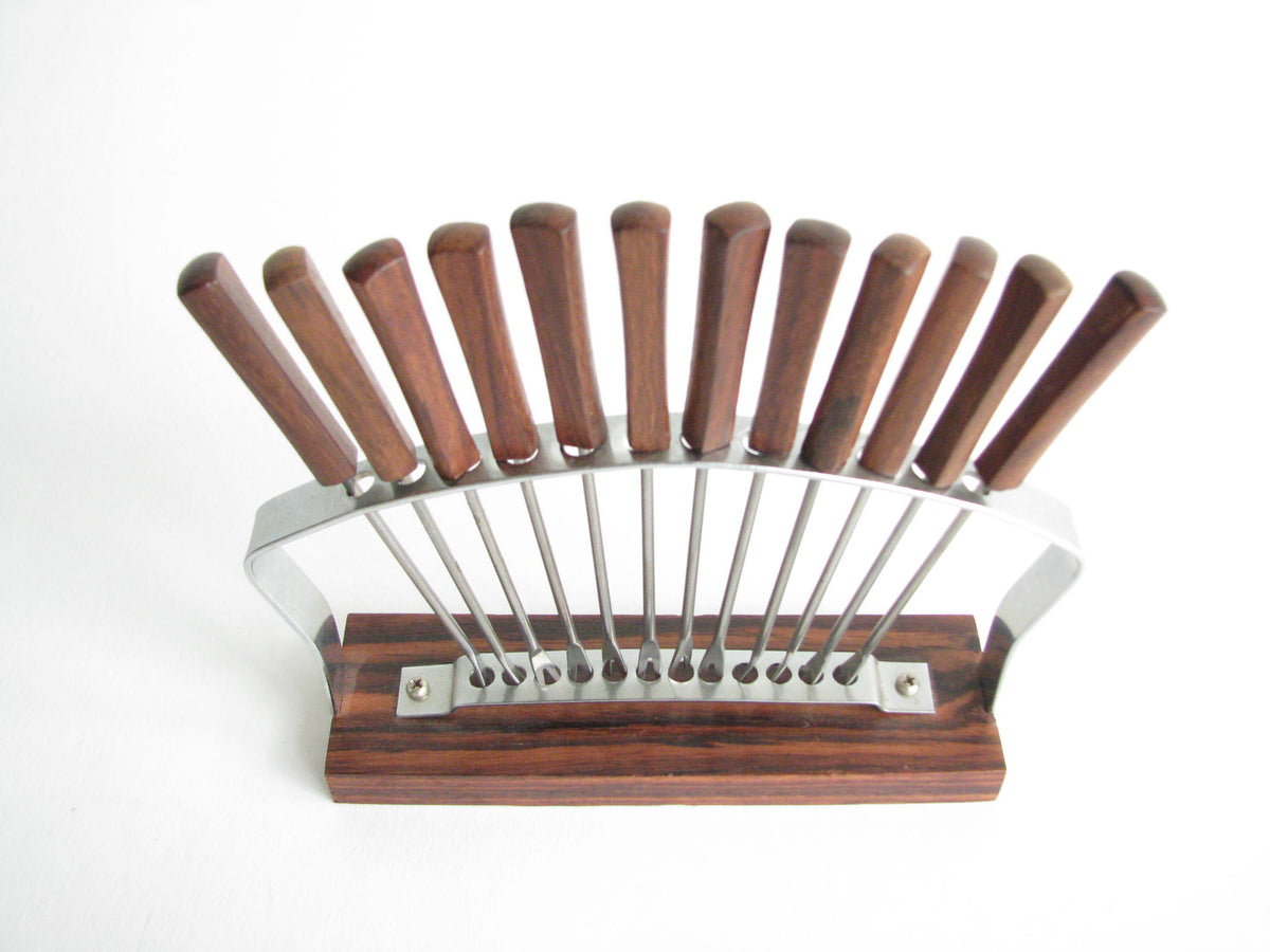 1960s Stainless Steel Appetizer Picks in Rack with Macassar Ebony Base ...