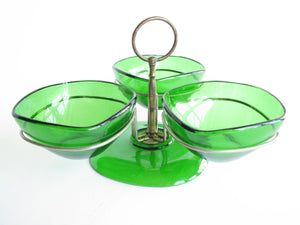 edgebrookhouse - 1960s Vereco France Emerald Glass Serving Dishes with Stand / Condiment Server