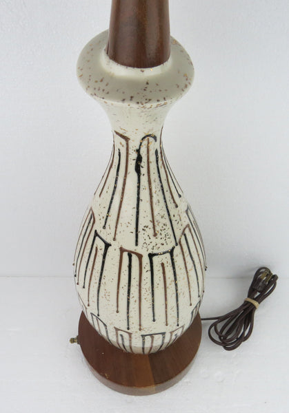 edgebrookhouse - 1960s Danish Mid-Century Modern Walnut and Drip Glazed Ceramic Tall Neck Table Lamp