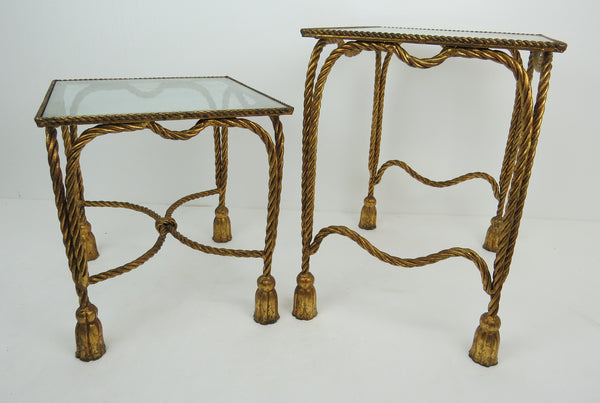 edgebrookhouse - 1960s Gilded Metal and Glass Turned Rope and Tassels Nesting Table
