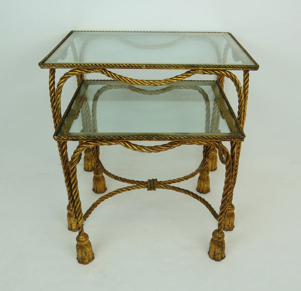 edgebrookhouse - 1960s Gilded Metal and Glass Turned Rope and Tassels Nesting Table