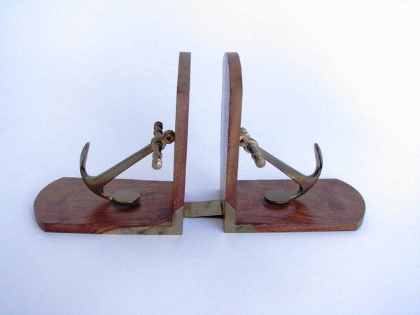 edgebrookhouse - 1960s Nautical Rosewood and Brass Anchor Bookends - a Pair