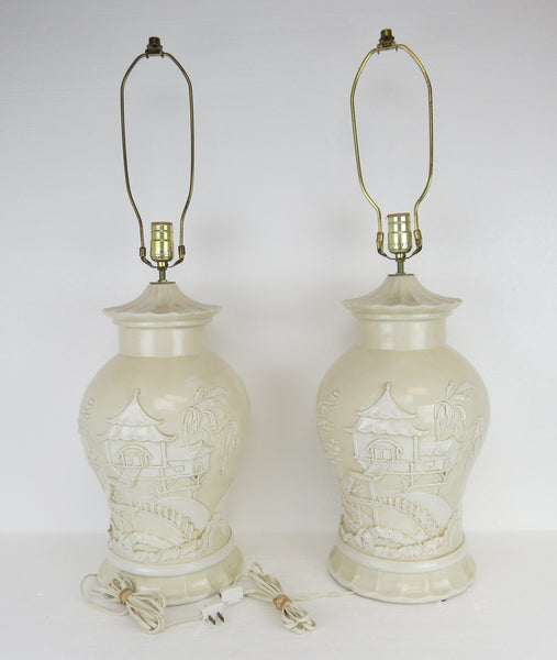 edgebrookhouse - 1960s Vintage Italian White Earthenware Ceramic Table Lamps - a Pair