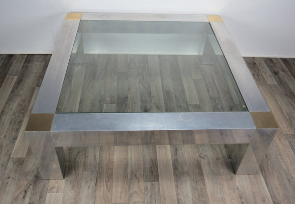 edgebrookhouse - 1970s Hollywood Regency Paul Evans Style Aluminum and Brass Parsons Coffee Table